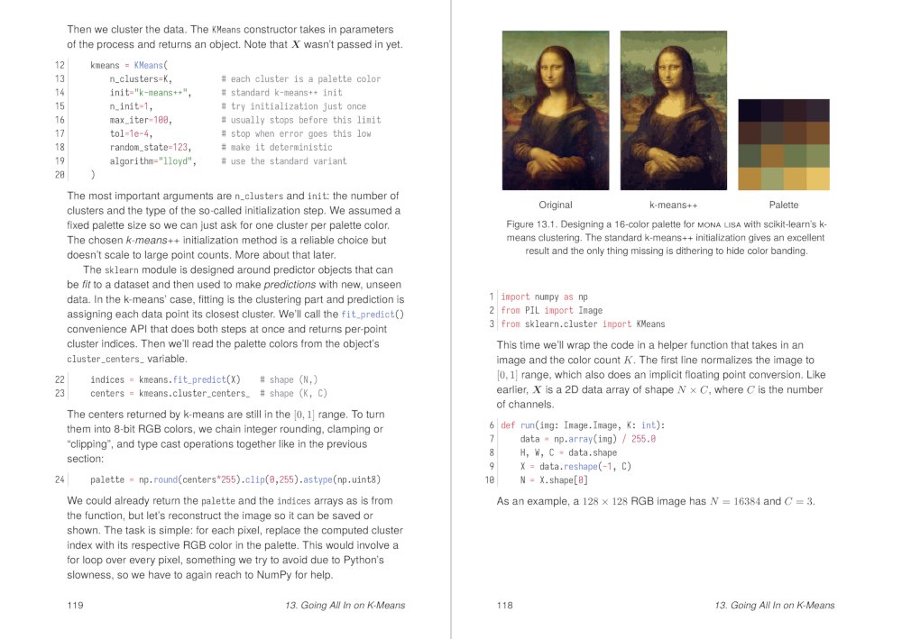 A sample spread from the book's NumPy tutorial. It shows prose, Python code snippets, and a color quantization result figure in the top left corner.